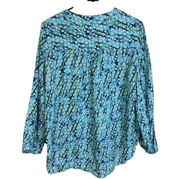 Finley Top Womens Medium Blue Shirt Long Sleeve V Neck Printed Boho Artsy Blouse - Picture 2 of 10
